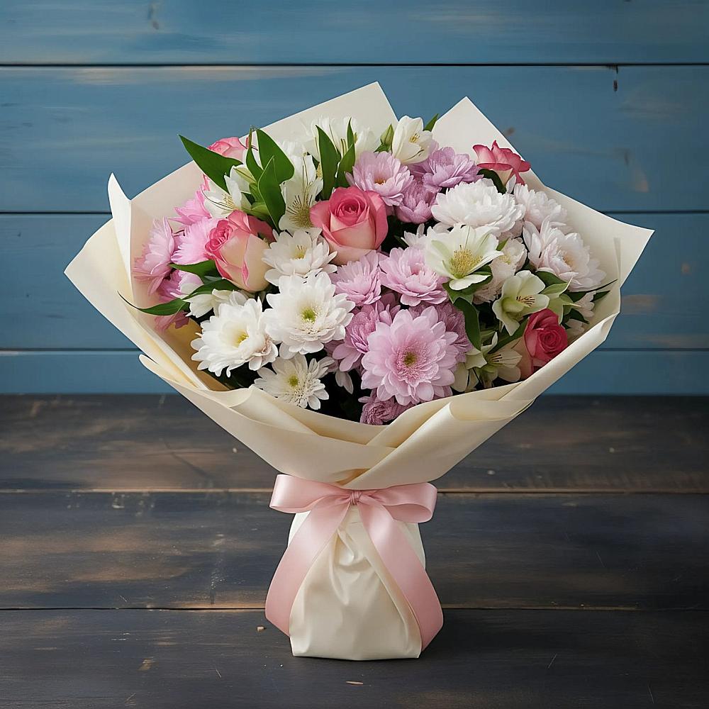 Букет цветов из: Хризантемы, Альстромерии и Розы в Веселом Ставропольского края